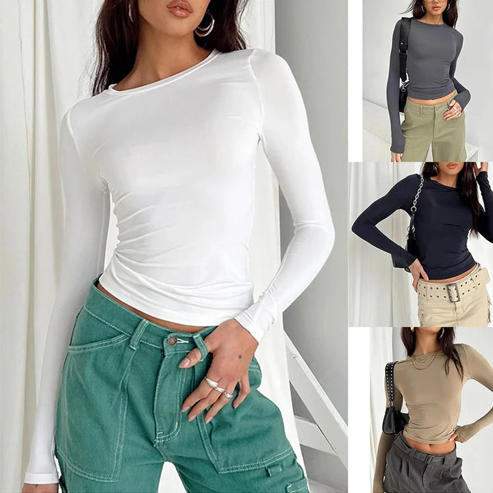 Women Casual Long Sleeve T-Shirts Spring Autumn Solid Slim Fit Pullovers Tees Shirts