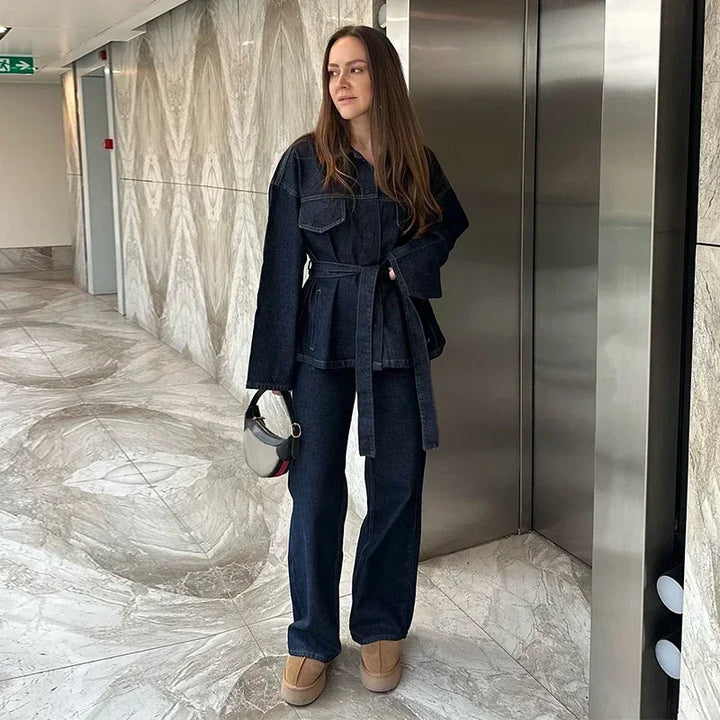 Fashion Women Blue Pocket Office Pants Suit Long Sleeve Lace Up Jacket Wide Leg Pants Sets 2025 Spring Casual Commuting Outfits