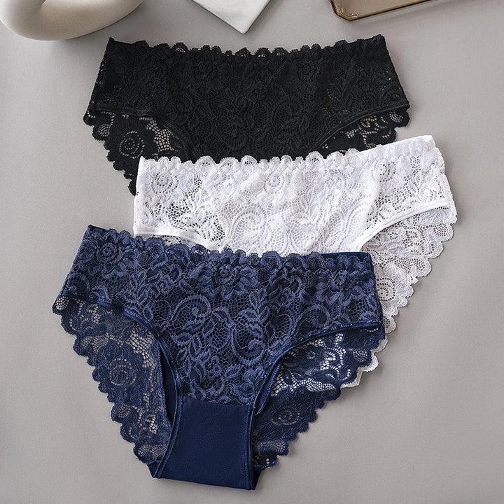 3PCS/Set Luxury Floral Embroidery Lace Panties Women Briefs Sexy Hollow Lingerie Female