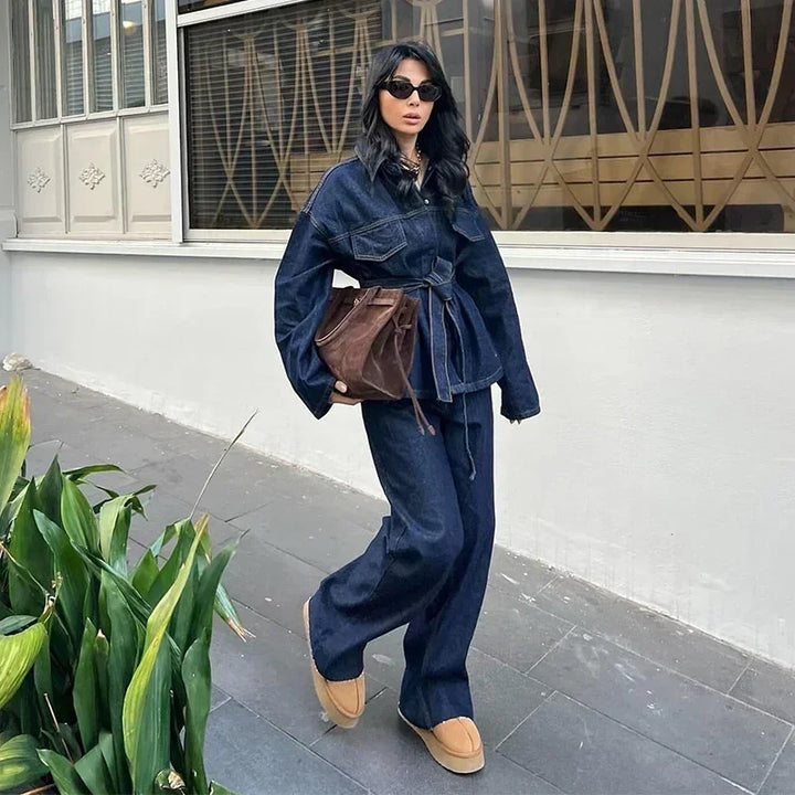 Fashion Women Blue Pocket Office Pants Suit Long Sleeve Lace Up Jacket Wide Leg Pants Sets 2025 Spring Casual Commuting Outfits