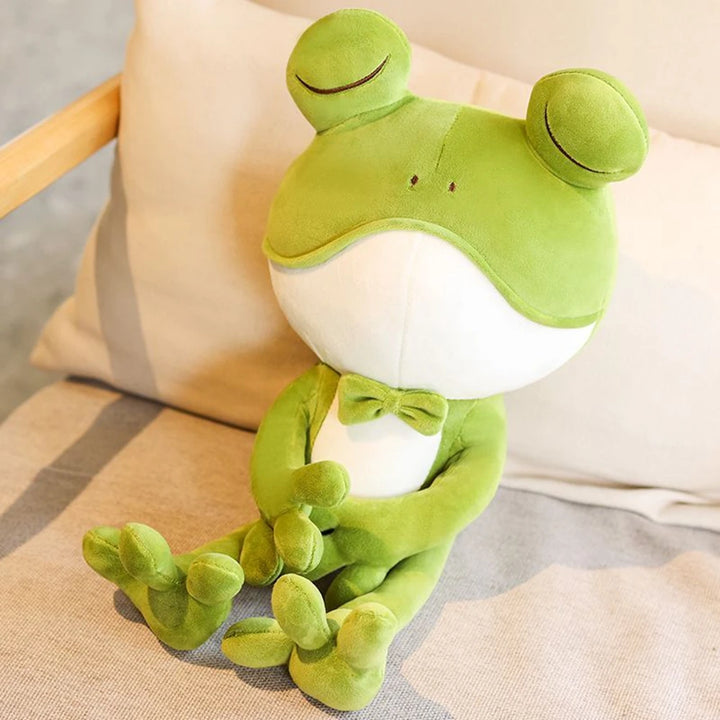 Cute Sleeping Frog Plush Toy Throw Pillow Playful Green Bow Squinting