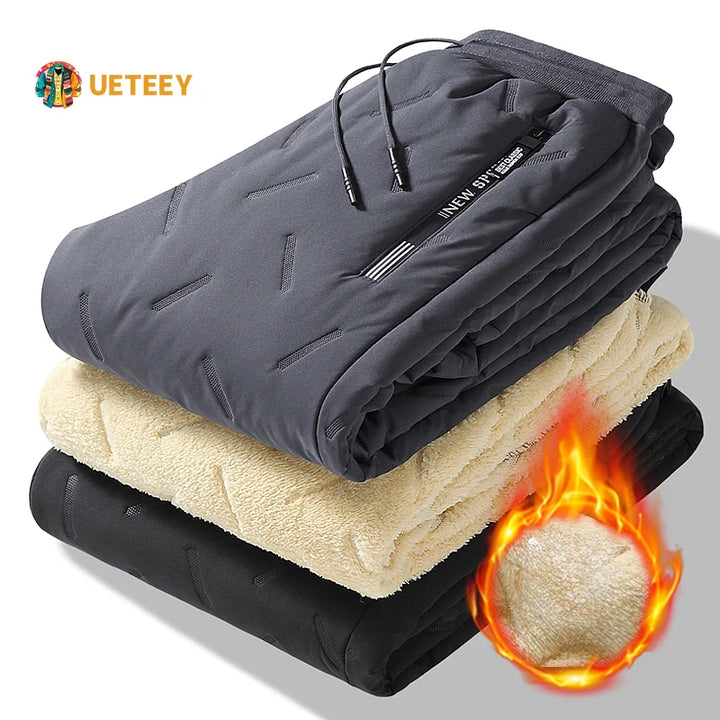 UETEEY Winter Fleece Pants Men Lambswool Thicken Warm Waterproof