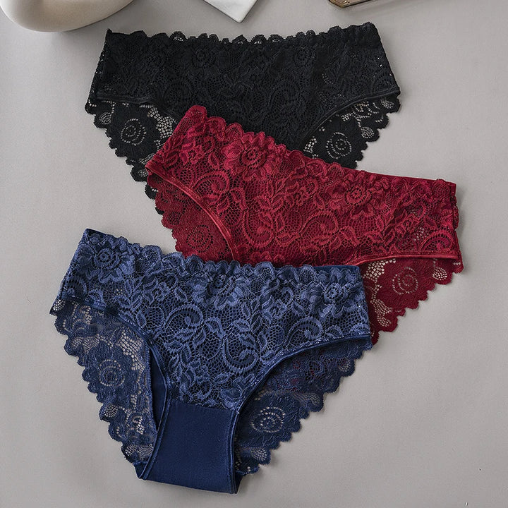 3PCS/Set Luxury Floral Embroidery Lace Panties Women Briefs Sexy Hollow Lingerie Female