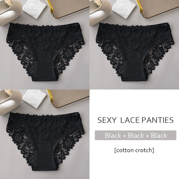 3PCS/Set Luxury Floral Embroidery Lace Panties Women Briefs Sexy Hollow Lingerie Female